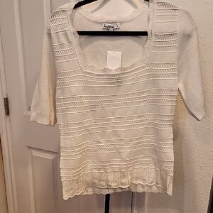 Sam Edelman Cream Open-Knit Scoop Neck Short Sleeve Top. L